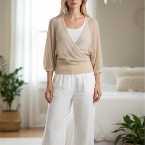 Cache Gold Shimmer Sheer Knit V-Neck Sweater Open Knit Top Size M